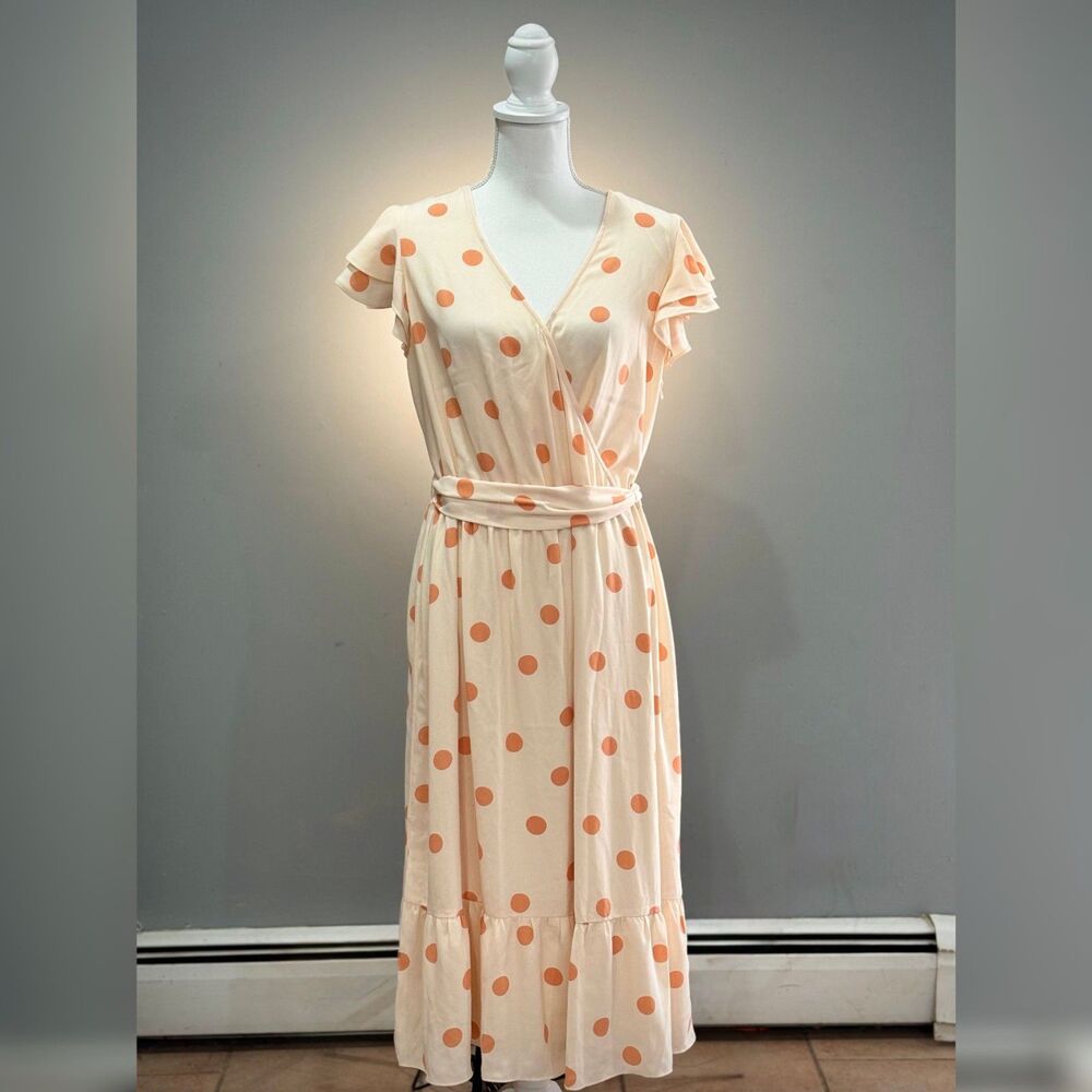 Peach Lauren Conrad Polka Dot Midi Wrap Dress Size 0X EUC